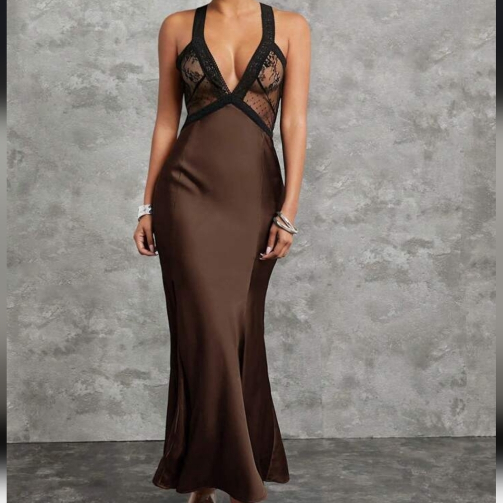 Elegant Brown and Black Lace Gown